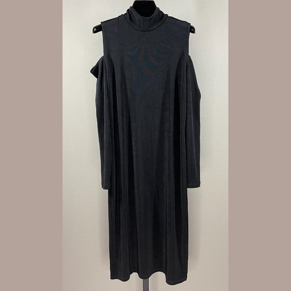 NEW Chicos Dress Womens Medium black sheath travelers open shoulder